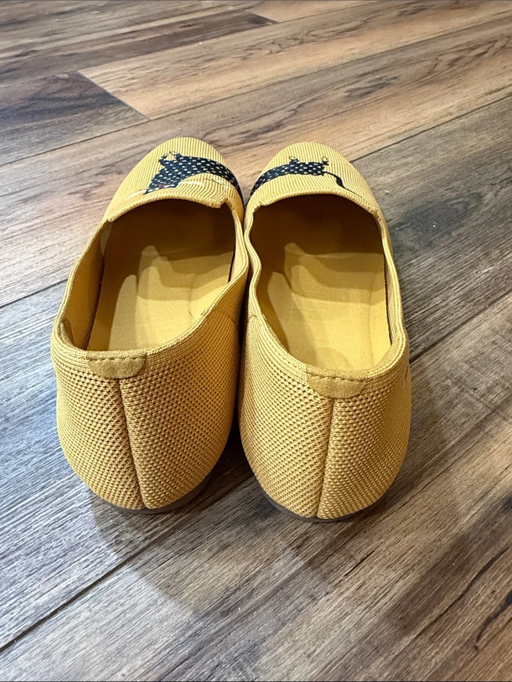 Vivaia Mustard Yellow Knit Slip-Ons with Black Cat Embroidery